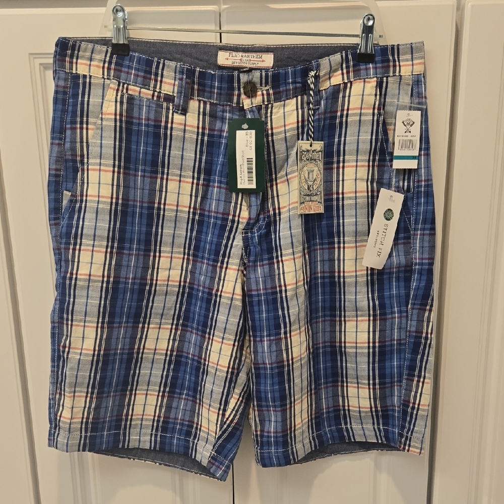 Flat Front Plaid Men’s Shorts in Blue and Cream